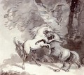 Pferde kämpfen auf einem Waldweg Thomas Rowlandson schwarz weiß